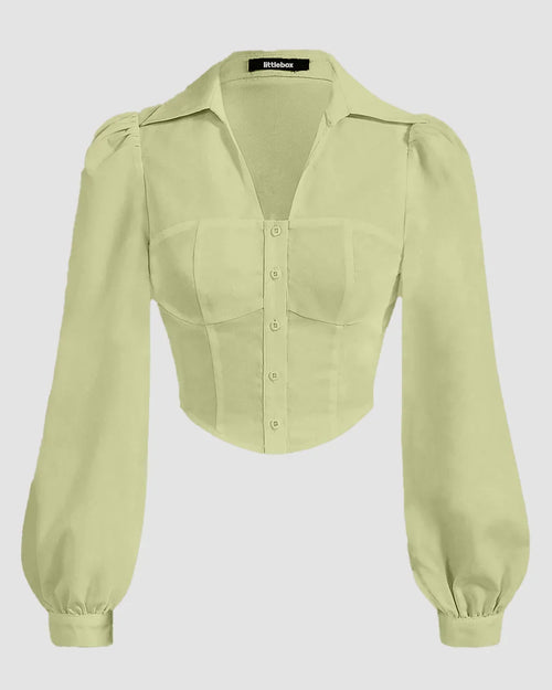 Puff Sleeve Collared Button Down Shirt in Herbal