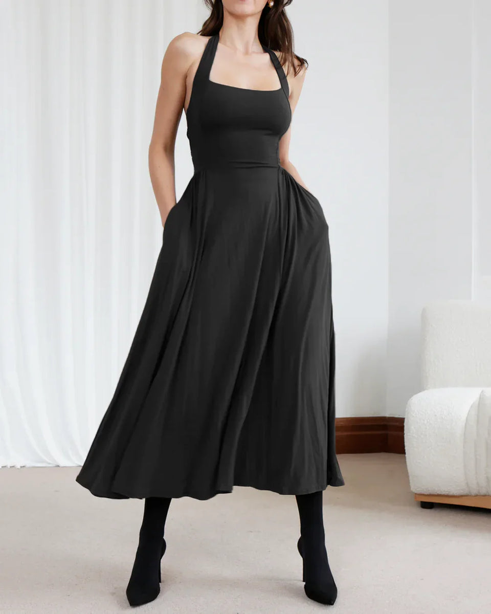 Backless Halter Midi Dress in Black