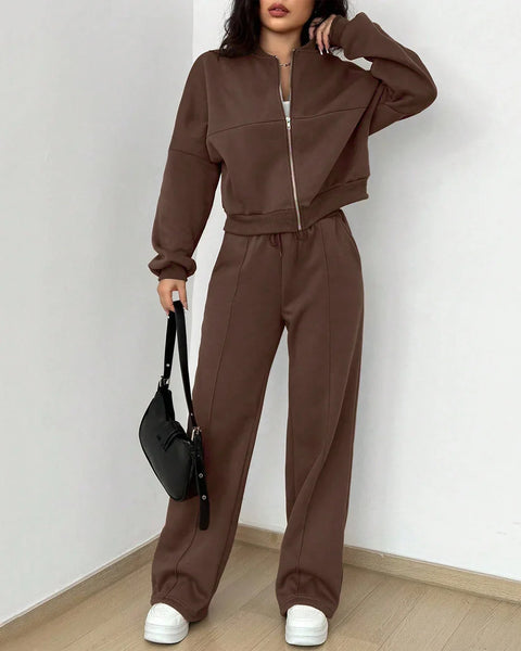 Chocolate Fondae Solid Zip-Up Jacket & Wide-Leg Pants Set