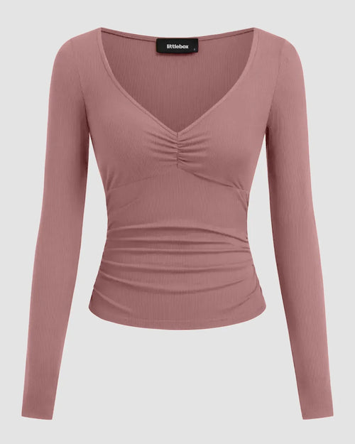 Ruched V-Neck Full Sleeve Top in Dusty Pink