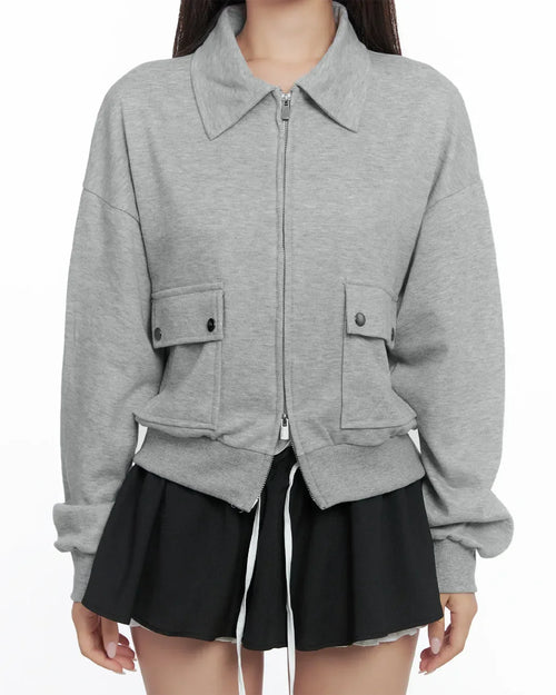 Mélange Zip Up Collar Long Sleeve Jacket with Front Pockets