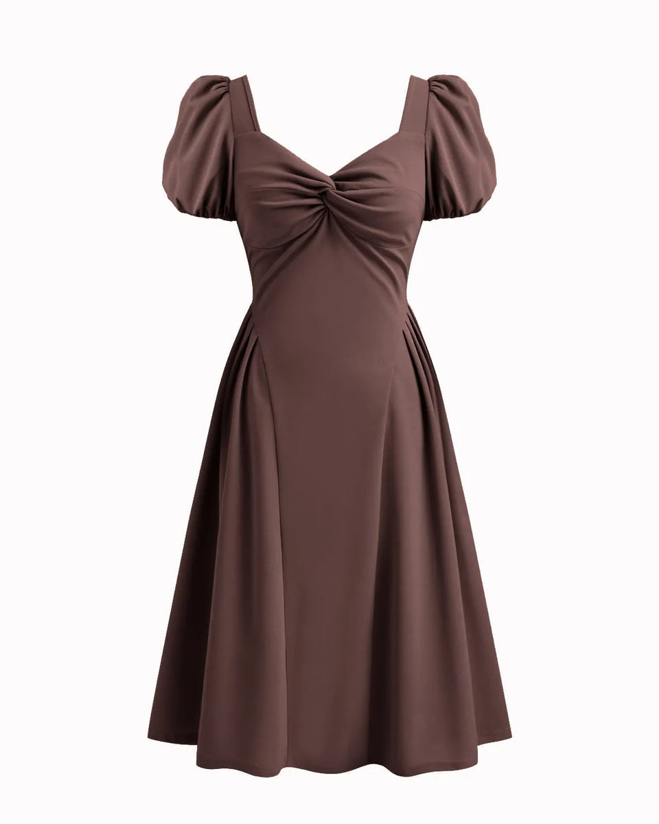 Sweetheart Neckline Solid Twist Pleated Midi Dress In Chocolate Brown
