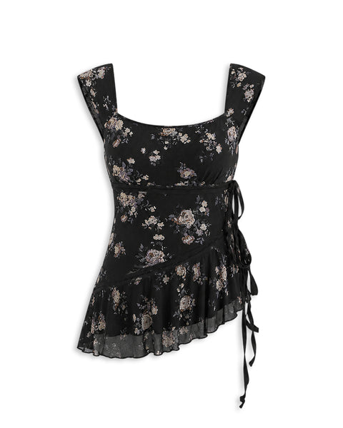 Sleeveless Square Neck Side Tie Ruffle Floral Top in Soft Black
