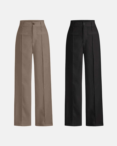 Front view of Combo of light brown and black premium trousers with straight legs, clean finish, and full length tailored fit for daily wear.