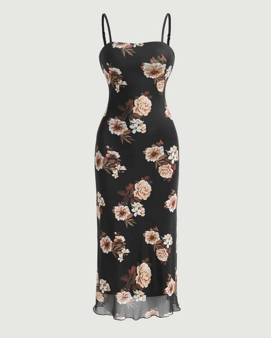 BEAUDRM Women's Floral Mesh Bodycon Mini Dress – Square Neck, Lettuce Trim, Spaghetti Strap Cami Dress - View #4