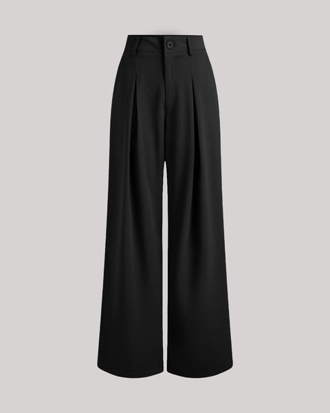 Front view of Black baggy pants with high rise waist, pleated front, wide leg fit, and smooth fabric for relaxed style.