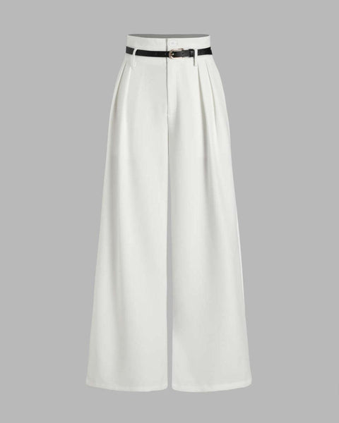 Front view of White high waist pleated trousers with wide legs, belt detail, smooth fabric, and full length tailored fit.