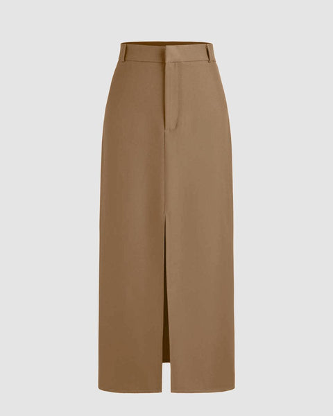High Waisted Solid Front Slit Maxi Skirt In Brown Front View for Women | Littlebox India