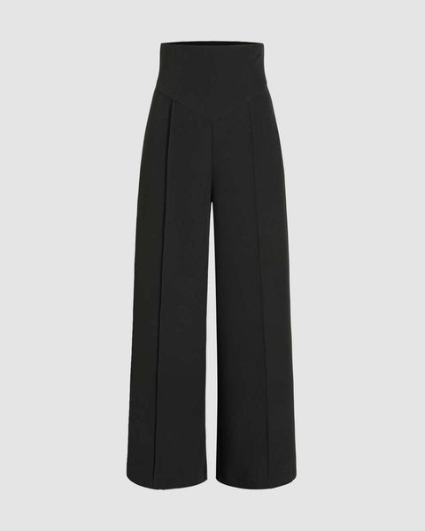 High Waisted Structured Pleated Wide Leg Trousers in Black Front View For Women | Littlebox Indi