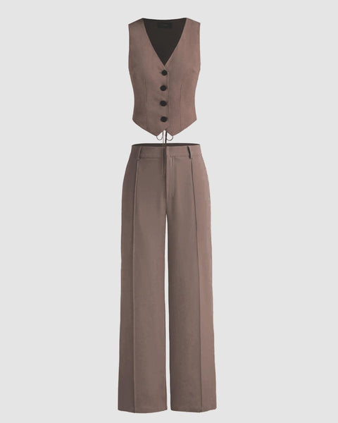 Front view of a brown vest and trouser set featuring a buttoned sleeveless vest and matching wide-leg tailored trousers on a plain background.
