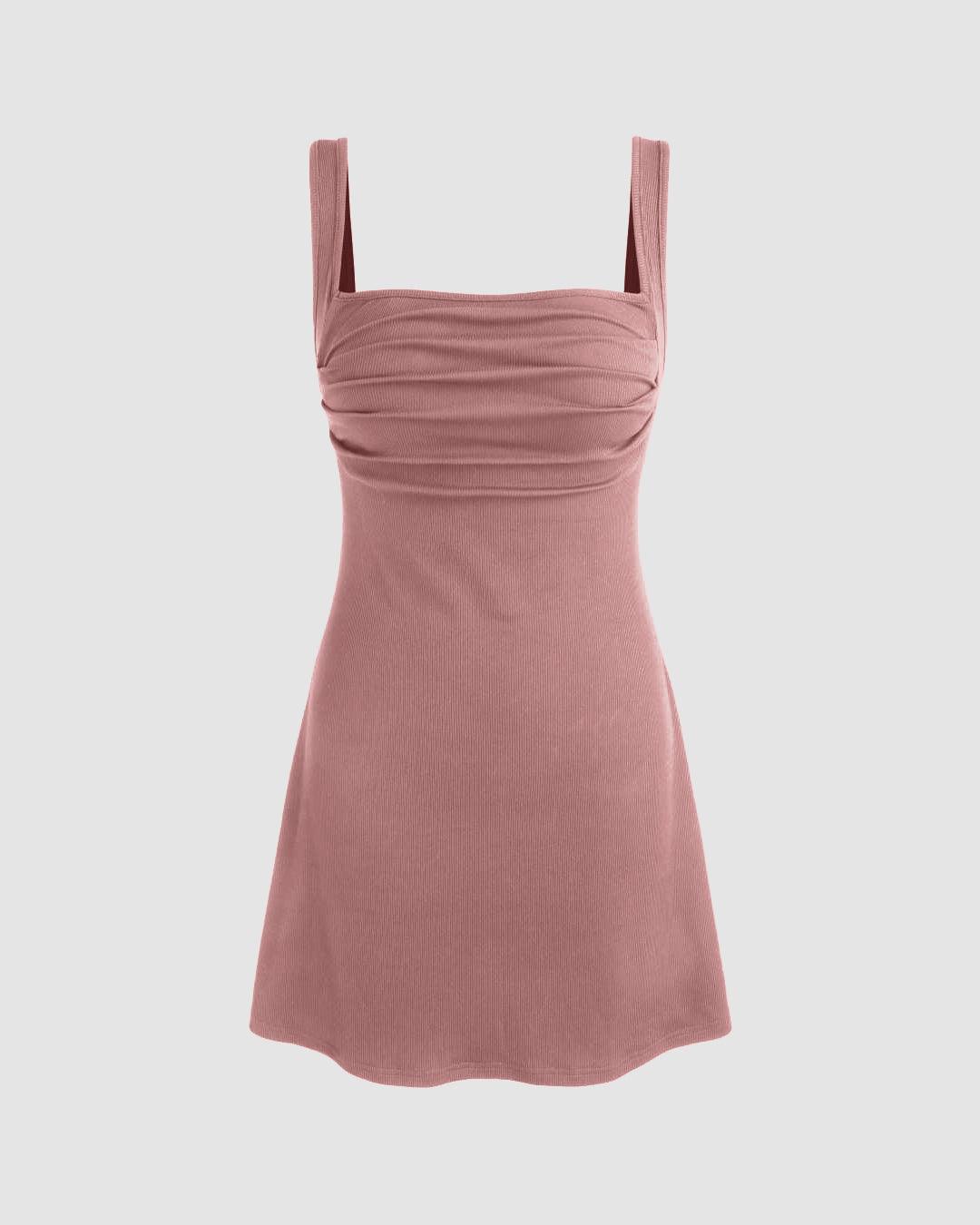 Ruched Square Neck Mini Dress In Dusty Pink - Littlebox India Ruched Square Neck Mini Dress In Dusty Pink - Littlebox India