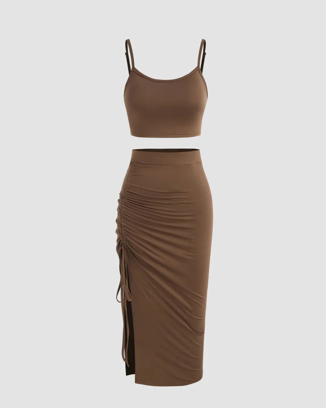open lace back dress Set Of Two Party Wear Ruched Skirt With Top In Brown