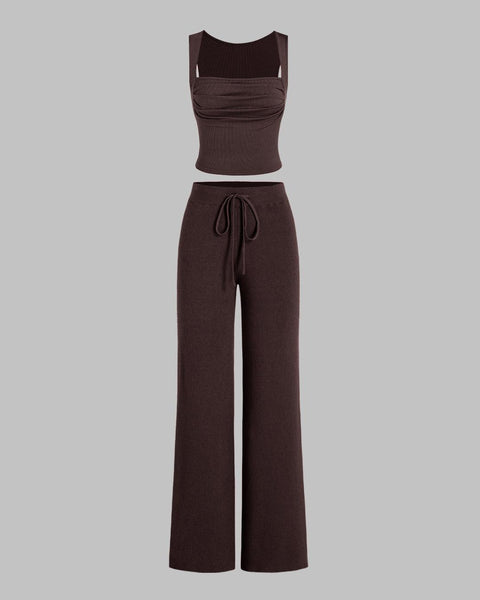 Set Of Two Ruched Square Neck Crop Top With Trouser In Dark Brown Front View For Women | Littlebox India