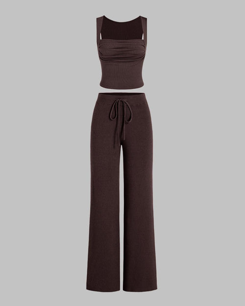 Set Of Two Ruched Square Neck Crop Top With Trouser In Dark Brown Front View For Women | Littlebox India