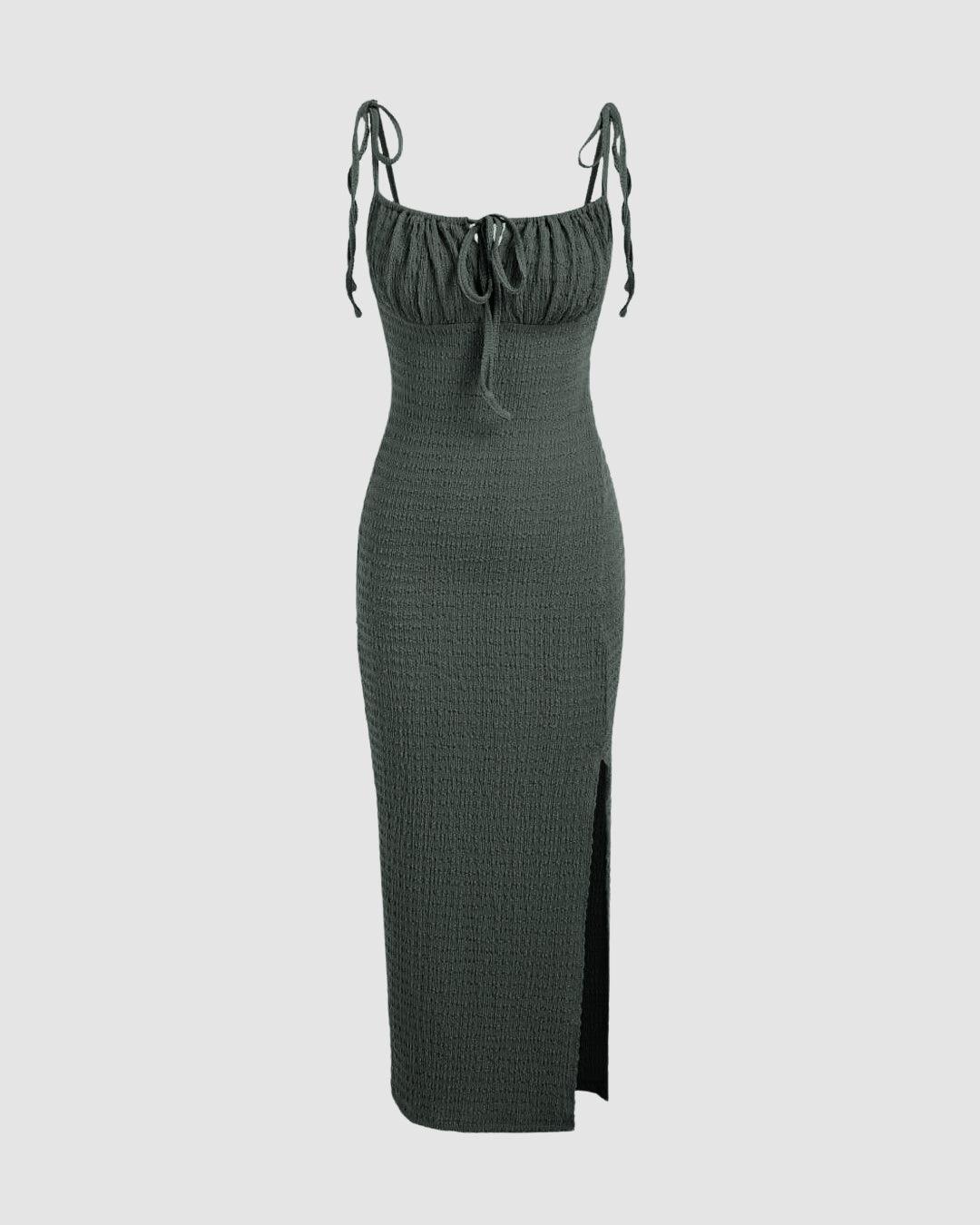 Square Neck Solid Midi Dress In Olive Green