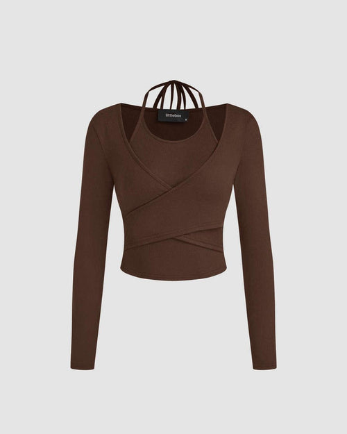 Front view of long-sleeve cropped top with a wrap cut-out neck, featuring a rib knit design in chocolate brown