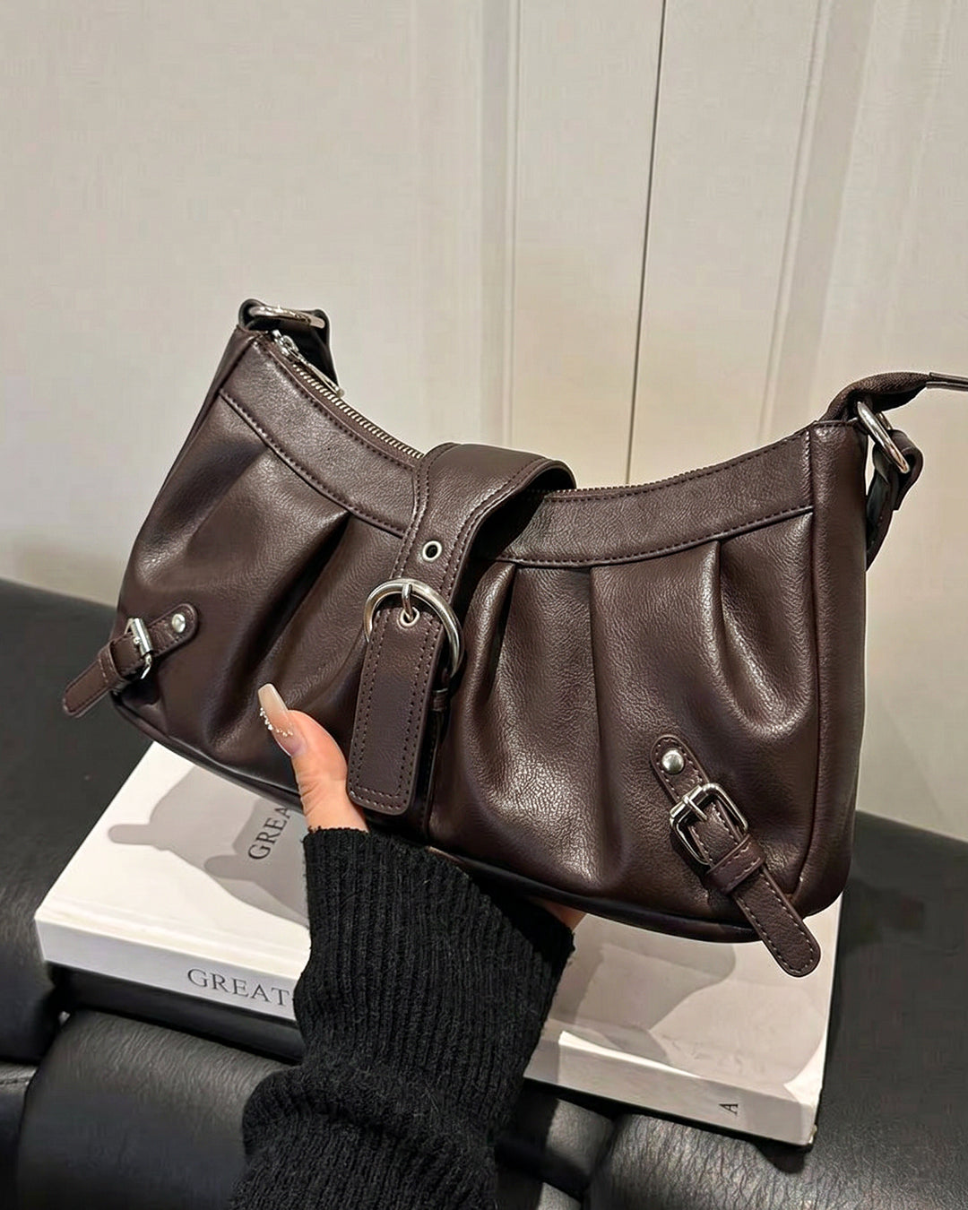 Soft Structured Shoulder Bag in Olive Green- Littlebox India