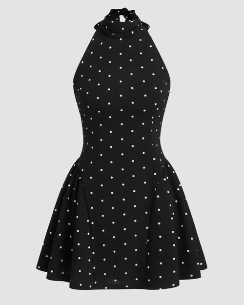 Halter Neck Backless Polka Dot Mini Dress in Black