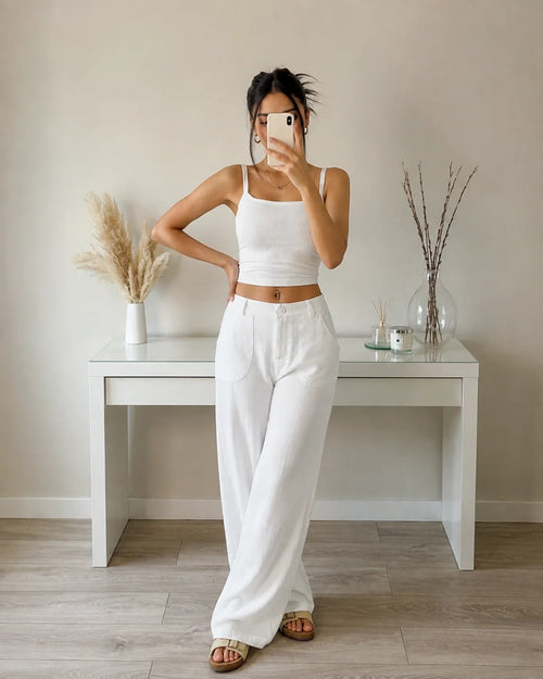 Wide Leg Linen Trousers In White - Littlebox India
