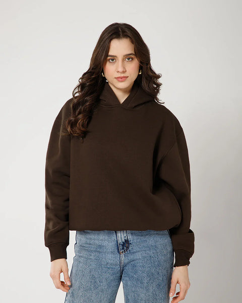 Womens Solid Drawstring Full Sleeve Hoodie in Coffee