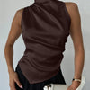 Satin Sleeveless High Neck Asymmetrical Hem Top in Coffee