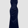 Cowl Neck Ruched Slit Sleeveless Satin Maxi Dress in Navy Blue