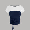 Colorblock Ruched Waist Tie Top in White & Navy Blue