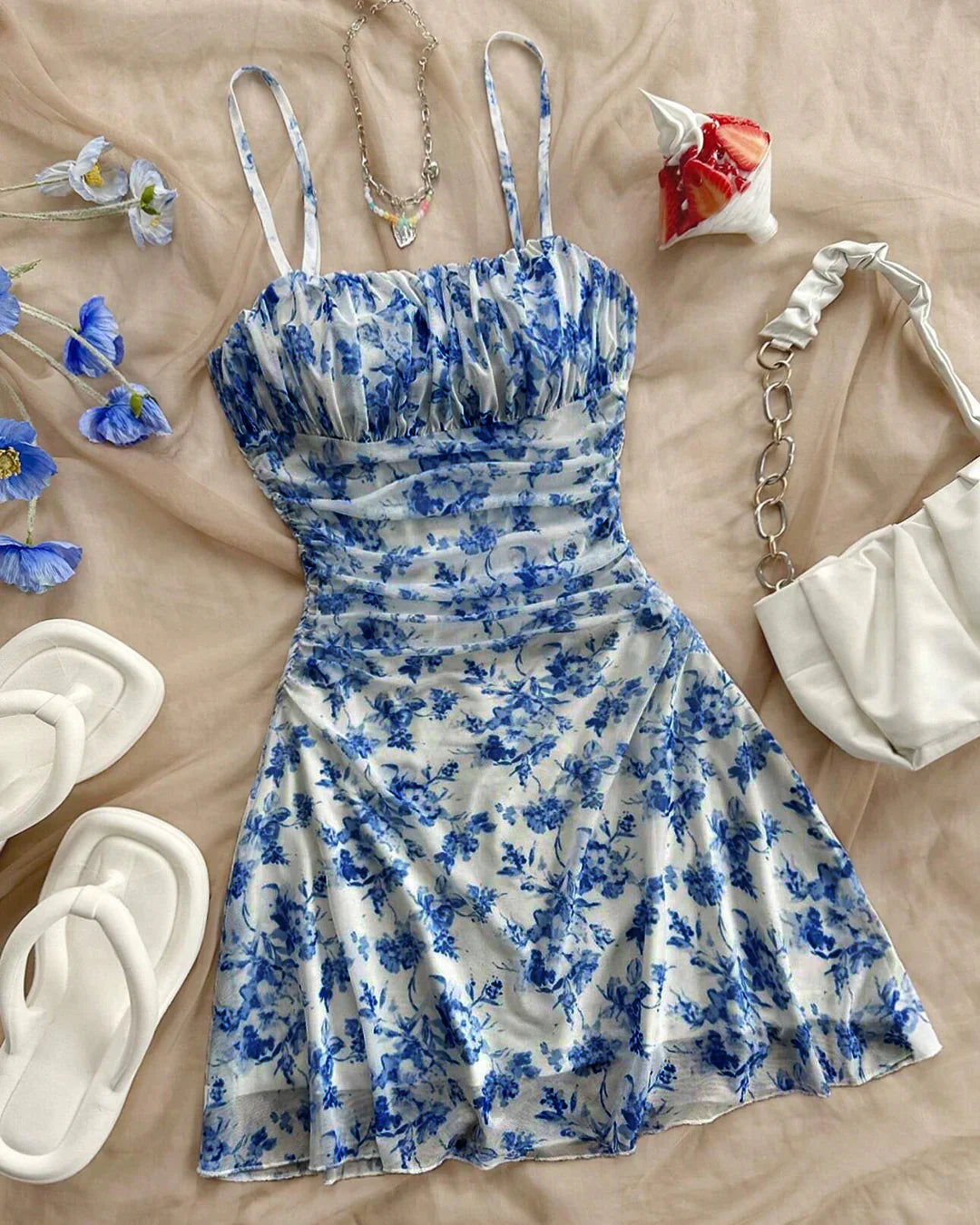 blue and white spaghetti strap floral dress ZAPAKA Women White Blue Flower Long Prom Dress With Slit A-Line Spaghetti Straps Ruched Corset Evening Dress, White Blue Flower / US6