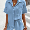 Solid Button Front Shirt and Short Set In Blue