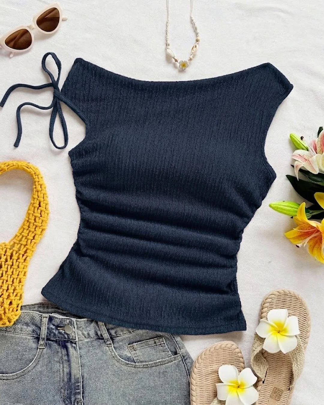 Asymmetrical Side Knot Sleeveless Top in Blue - Image 1