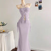 Bohemian Strapless Sleeveless Mesh Ruffle Top And Mermaid Skirt Set in Lilac