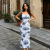 Ruched Mesh Bodycon Midi Dress With Floral Print And Spaghetti Straps in Dusty Blue