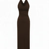 Halter Neckline Rivet Split Ruched Straight Maxi Dress in Chocolate
