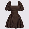 Solid Lace Up Side Ruffle Dress In Chocolate Brown