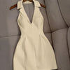 Collared Sleeveless V-Neck Fitted Mini Dress in Beige