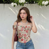 Off Shoulder Ruched Textured Floral Crop Top in Sand Beige