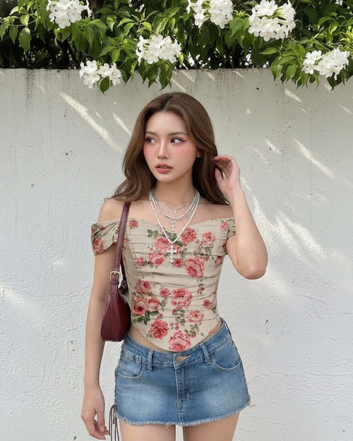 Off Shoulder Ruched Textured Floral Crop Top in Sand Beige