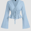 Tie Front Long Sleeve Ruffle Hem Top in Light Blue