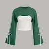 Lounge Round Neck Cut-Out Crop Sweatshirt Top in Green and White
