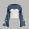 Side Striped Bowknot Sweatshirt & Solid Cropped Cami Top