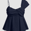 One Shoulder Pleated Ruffle Top in Navy Blue