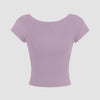 A fitted lilac crop top with short sleeves and a scoop neckline, made from a stretchy, breathable fabric for a snug fit.