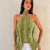 Halter Neck Asymmetric Ruffle Hem Solid Sleeveless Top in Herbal Green