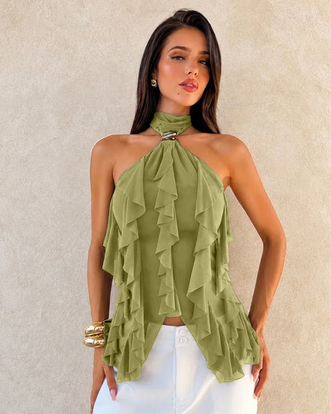 Halter Neck Asymmetric Ruffle Hem Solid Sleeveless Top in Herbal Green