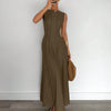 Split Pleated Waist A-Line Maxi Dress in Chocolate Brown