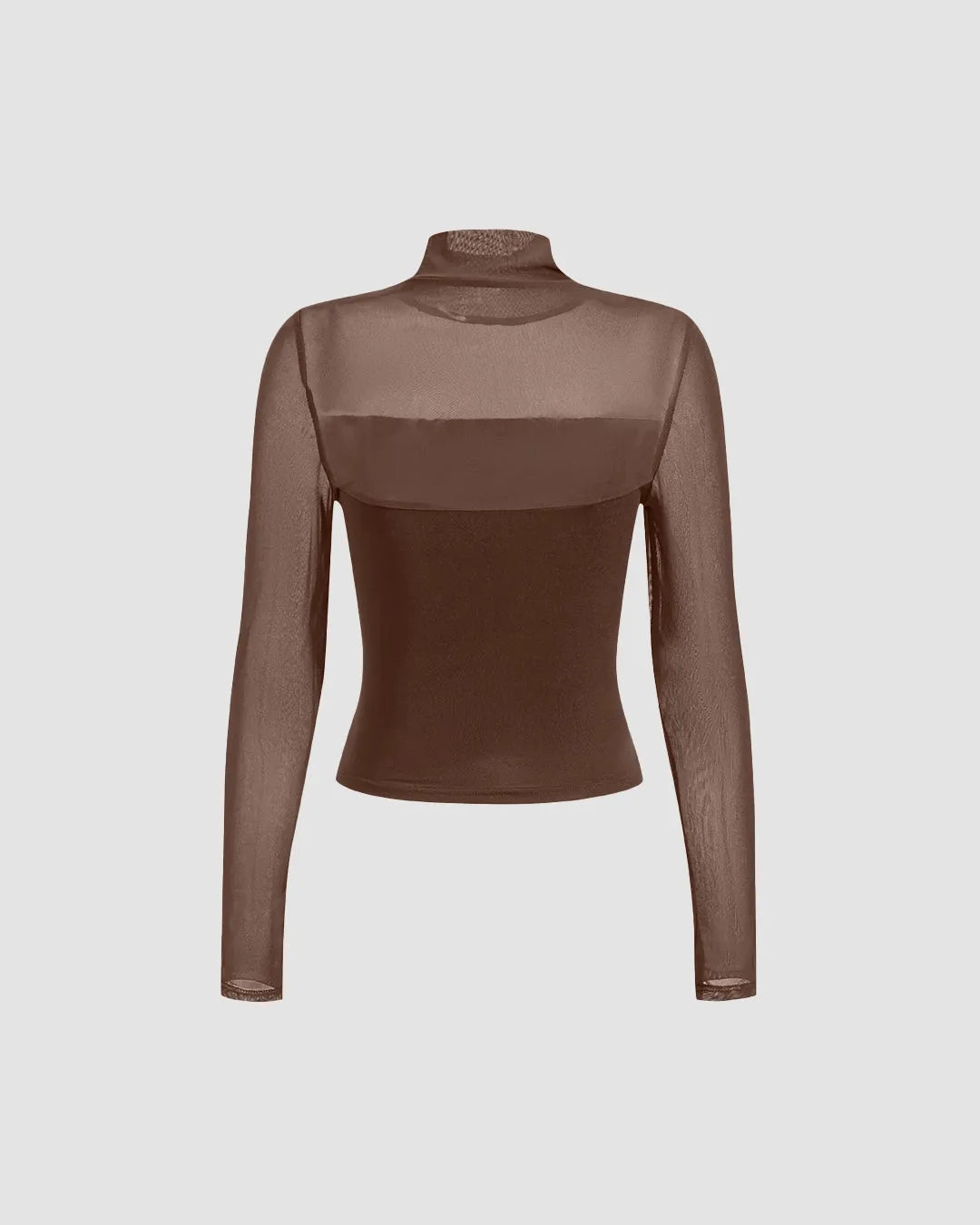 Sheer Mesh Mock Neck Long Sleeve Fitted Top In Coco Brown