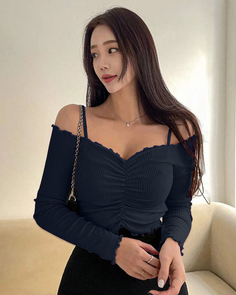 Off-Shoulder Fitted Lettuce Hem Solid Full Sleeves Crop Top in Navy Blue