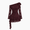 Asymmetrical One Shoulder Lace Ruffle Mini Dress in Wine Maroon