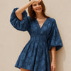 Embroidery Floral Puff Sleeve Ruffle Hem Mini Dress in Blue
