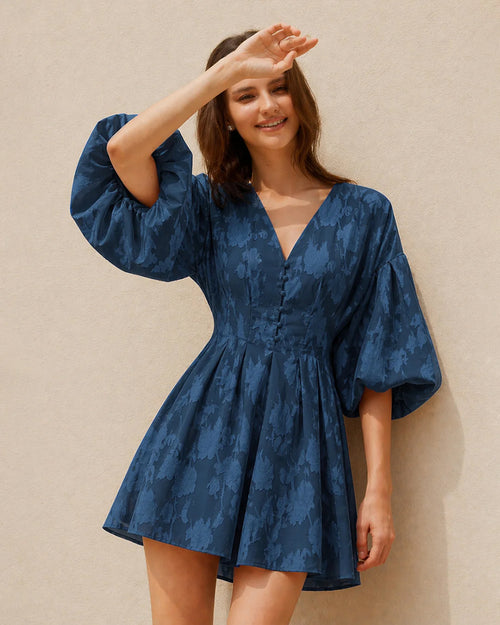 Embroidery Floral Puff Sleeve Ruffle Hem Mini Dress in Blue